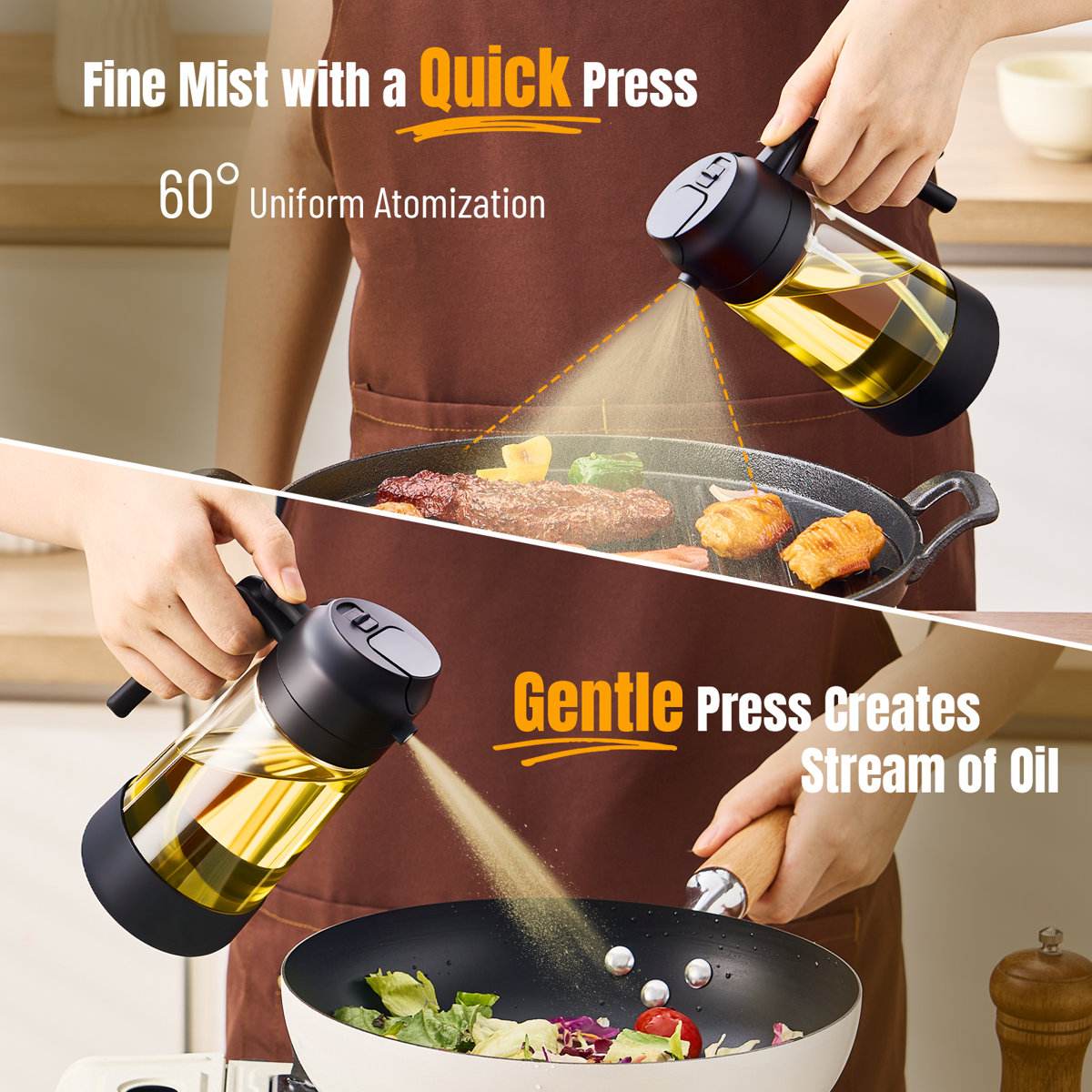 Two packs 16oz/470ml glass oil sprayer bottle spray and pour dual-purpose air fryer kitchen household spray oil spray bottle oil tank seasoning pouring oil, with non-slip silicone bottom